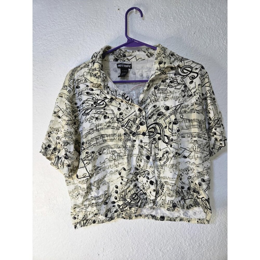 Hot Topic Shirt Womens Medium Music Notes Print Short Sleeve Button Up Rayon
